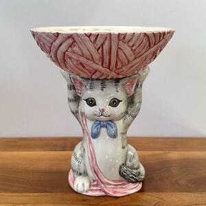 Vintage Kitty Cat Gray Tabby Kitten Yarn Ball Holder Bowl OCI Fitz & Floyd FLAWS
